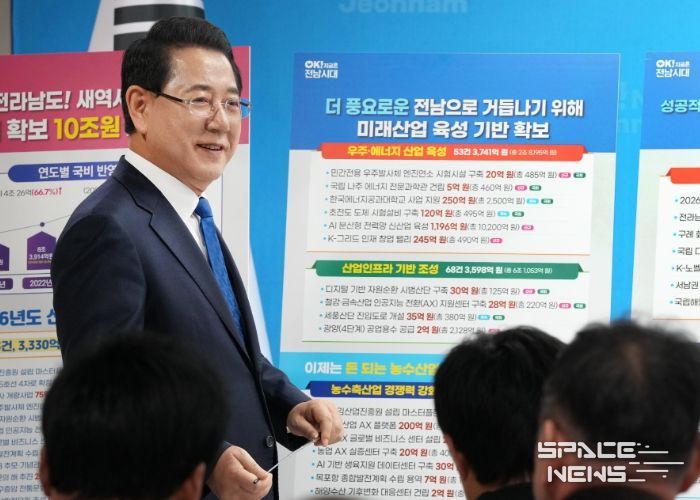 김영록 전라남도지사가 3일 도청 브리핑룸에서 ‘2026년 국고 건의 정부예산반영 성과’ 관련 언론 브리핑을 갖고 “2026년 정부 예산안에 역대 최대인 국비 약 10조 42억 원을 확보, 사상 첫 국비 10조 원 시대를 열었다”고 밝히고 있다.