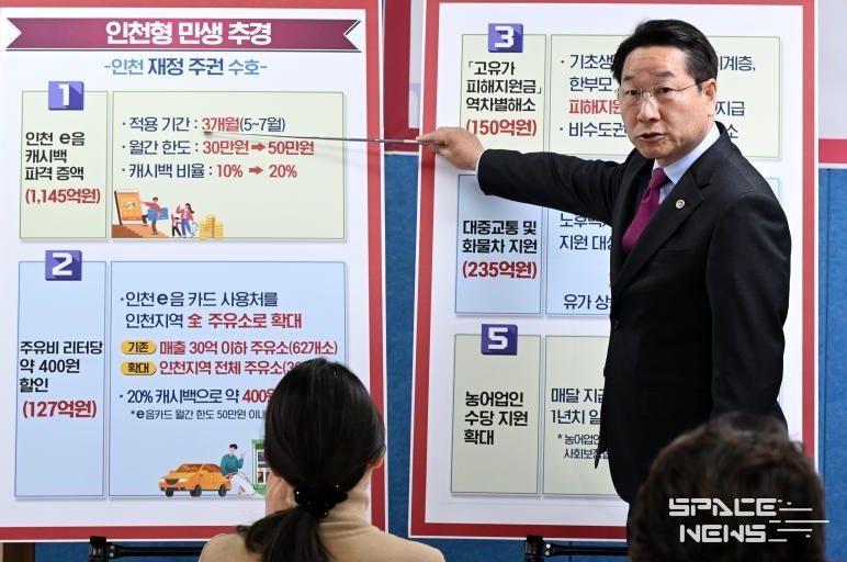 유정복 인천광역시장이 14일 시청 브리핑룸에서 '인천형 민생체감 추경예산' 관련 기자회견을 하고 있다.